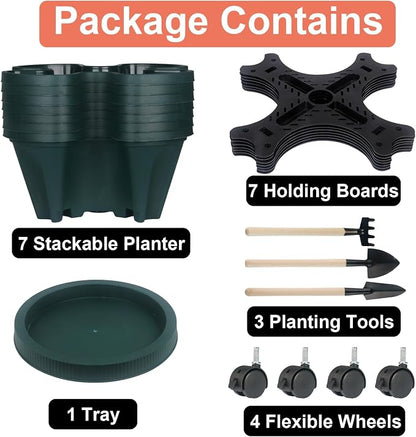 GameXcel Vertical Planter Tower - 7 Tier Stackable Garden Planters with Wheels and Tools Plant Pots for Strawberry Herb Flower and Vegetable Indoor Outdoor Use Green