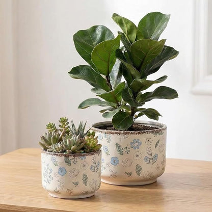 Ice Crack Plant Pots with Drainage, 6 & 7 inch Ceramic Planters for Indoor Outdoor Plants, Set of 2 Vintage Flower Pots, Rustic Tuscan Decor for Gardening, Kitchen Bedroom, Blue & Beige