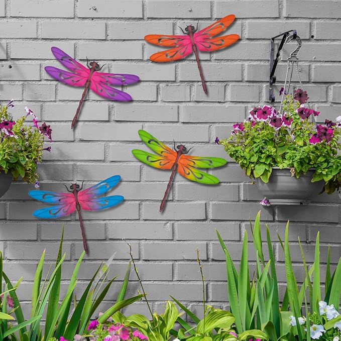 VOKPROOF Metal Dragonfly Wall Art Decor,Outdoor Fence Decor for Patio Yard Garden, Hanging Decorations for Living Room, Bedroom(4 Pack)