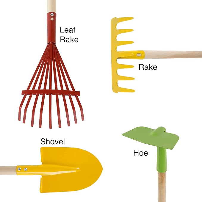 HEY! PLAY! Kids Gardening Set – 4-Piece Mini Garden Tools with Wood Handles – Child-Sized Shovel, Rake, Hoe, and Tined Hoe – Outdoor Toys for Children
