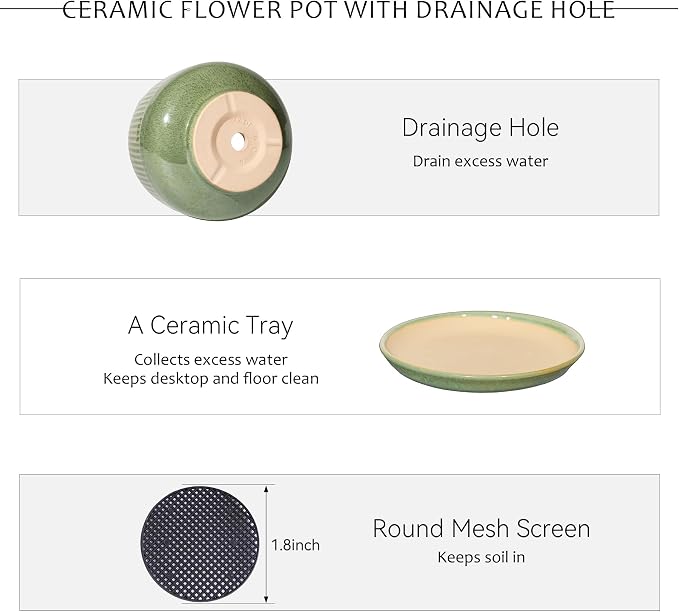 7.5 Inch Ceramic Planter with Saucer,Modern Garden Pots with Drainage Hole Mesh Net, for Indoor Outdoor Use (Crackle Green)