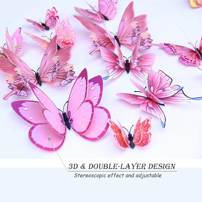 OPSEAM Butterfly Wall Decor 24/48 PCS, 3D Butterflies Stickers for Party Decorations with Magnets(Pink, 24)