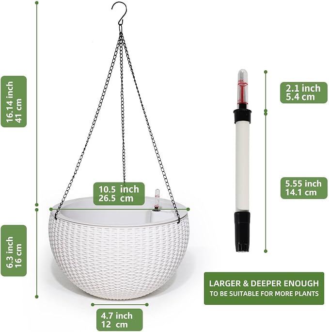 Dexceder 10.5 Inch Self Watering Hanging Planter (White) | Thickened Large Hanging Basket Flower Plant Pot with Water Level Indicator Indoor Outdoor