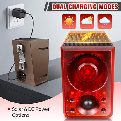Solar Outdoor Motion Sensor Alarm, Dog Barking&Gunshot Sound,130db Loud Noise Maker,Support Recording,13 Kinds of Sound and Strobe Light to Deter Raccoons, Deer, Skunks, Bears, and Coyotes (2 Pack)