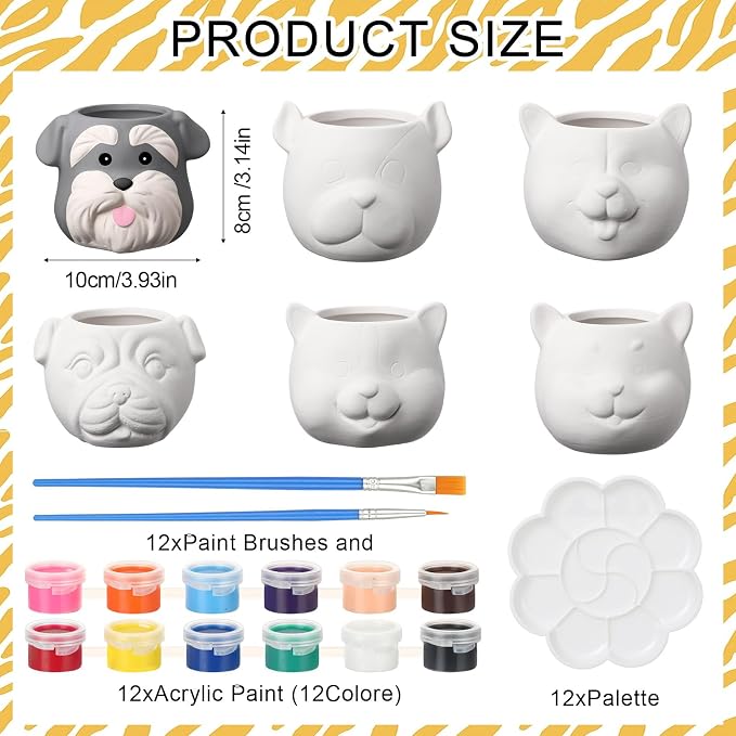 Hushee 12 Sets Ceramic Succulent Planters Paintable Succulent Plant Pots Small DIY Figurines Unpainted Pots with Drainage Hole Color Paints Paintbrushes Palettes