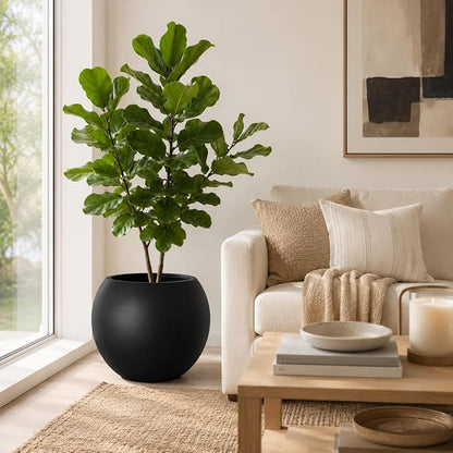 13.5 H x 17" Dia (12" Pot Opening) Black Round Fiberstone Planter with Drainage Hole, Indoor/Outdoor Large Plant Pot for Home Patio Garden, Ideal for Large Plants