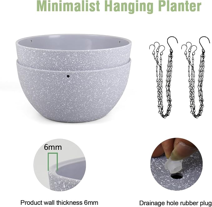 Meowell 12 inch Large Hanging Planters for Indoor Outdoor Plants, 2 Pack Hanging Flower Pots with Drainage Holes and Chain for Garden Porch, Plastic Hanging Baskets for House Plants, Speckled Grey
