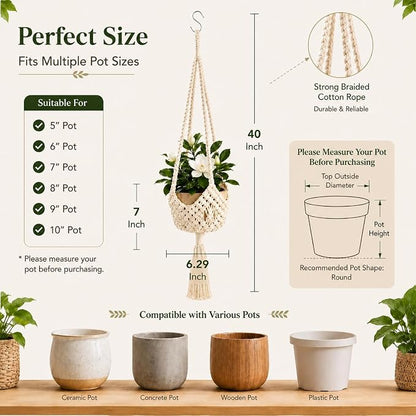 Shappy 3 Pack Boho Macrame Plant Hanger, Large Hanging Planter Plant Holder Pot Hanger Hanging Basket Wall Planters, Plants Lover Gift for Indoor Garden (Spiral Knot,White)