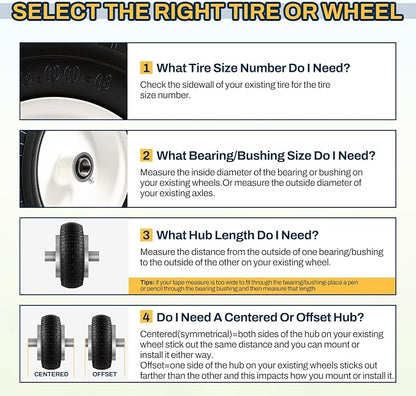 13x5.00-6 Flat Free Tire and Wheel Assemblies, 13x5-6 Solid Rubbe Tires and Wheel for Riding Lawn Mower - With 3/4" Bushings & 5/8" Bearings, 3" Centered Hub, 2 Pack