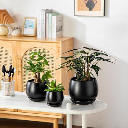 vancasso 3-Pack Ceramic Plant Pots, 3.7/4.8/6.2 Inch Indoor Planters with Saucers & Drainage Hole Planter pots for Indoor Plants and Flower, Black