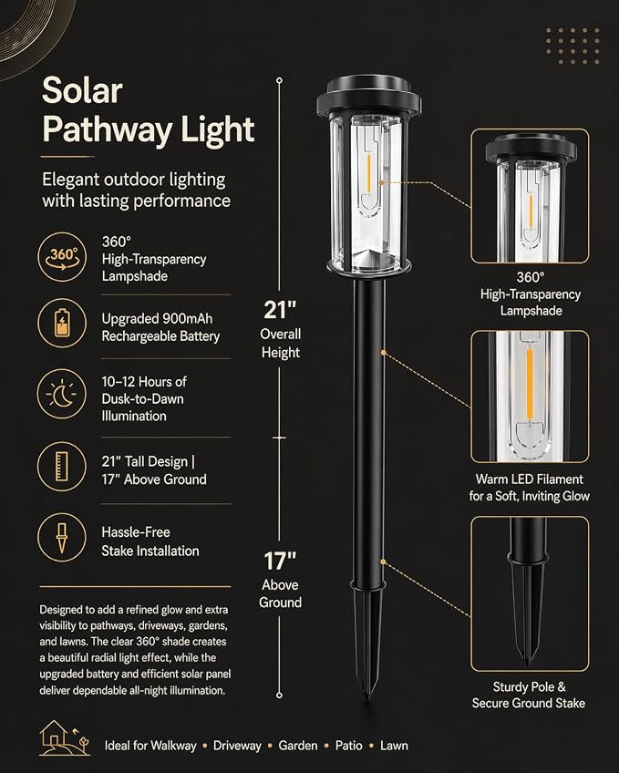 DERAYSION Solar Lights Outdoor Pathway, 8 Pack Large LED Solar Garden Lights, 21" Tall IP65 Waterproof Dusk to Dawn Outdoor Solar Lights for Yard, Path, Driveway