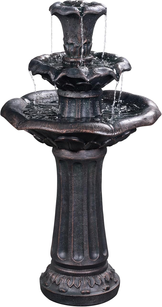 Teamson Home Lily Flower Floor Pedestal 3 Tiered Floor Waterfall Fountain with Pump for Outdoor Patio Garden Backyard Decking, 38 Inch Height, Dark Gray | Pedestal Design, With Pump, Outdoor Patio Garden Backyard Decking, Dark Gray
