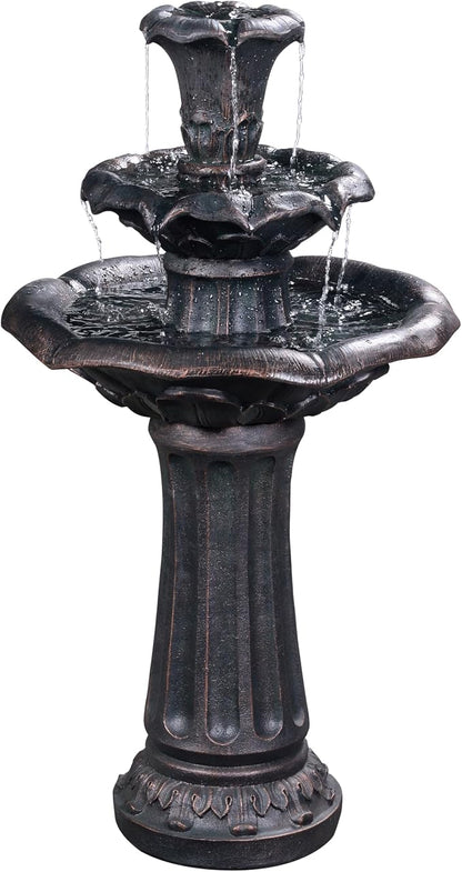 Teamson Home Lily Flower Floor Pedestal 3 Tiered Floor Waterfall Fountain with Pump for Outdoor Patio Garden Backyard Decking, 38 Inch Height, Dark Gray | Pedestal Design, With Pump, Outdoor Patio Garden Backyard Decking, Dark Gray