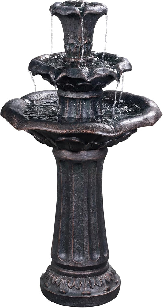 Teamson Home Lily Flower Floor Pedestal 3 Tiered Floor Waterfall Fountain with Pump for Outdoor Patio Garden Backyard Decking, 38 Inch Height, Dark Gray | Pedestal Design, With Pump, Outdoor Patio Garden Backyard Decking, Dark Gray