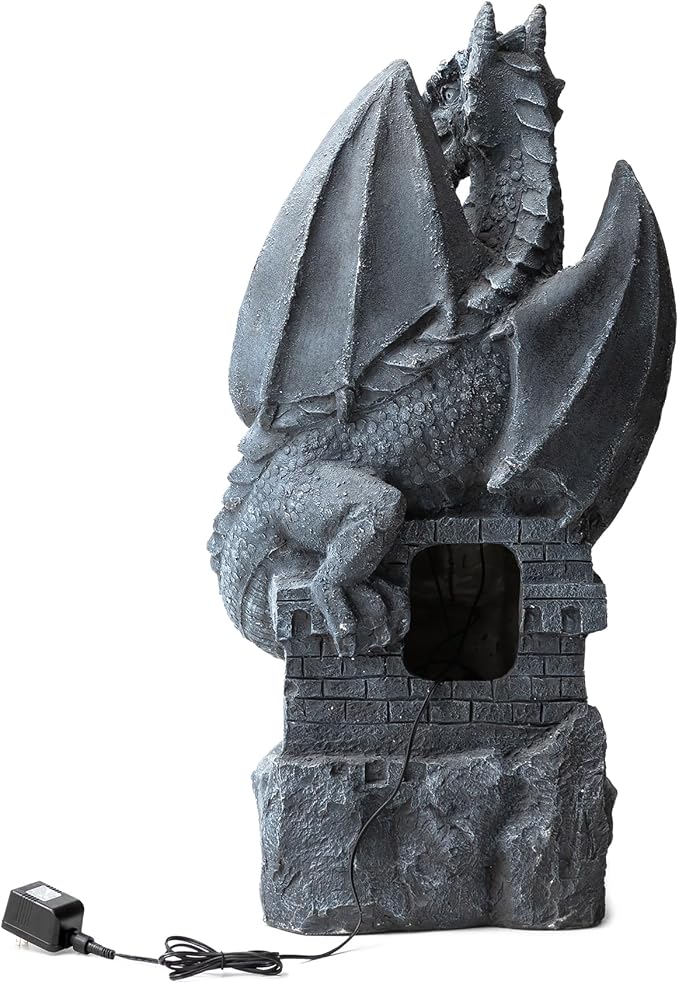 Glitzhome 4-Tiered Cascading Outdoor Water Fountain for Garden Patio Yard Mystical Gothic Dragon Water Fountains Outdoor with LED Lights & Pump, Large Floor Stand Fountain Dragon Waterfalls 36.5" H