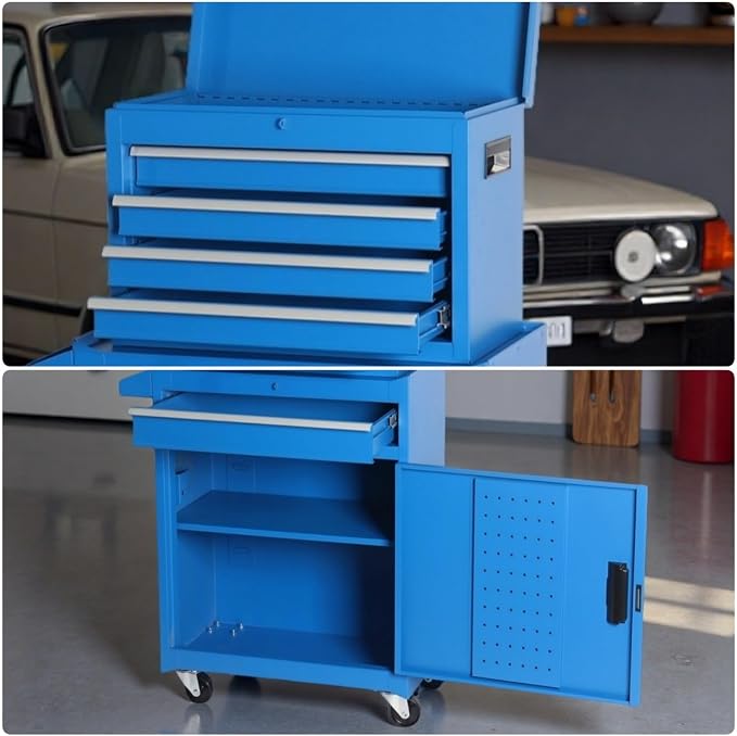 Tool Chest, 5-Drawers Rolling Tool Storage Cabinet with Detachable Top, Adjustable Shelf, Lockable Wheels & Locking Mechanism, Multifunctional Tool Cart for Garage Warehouse, Blue