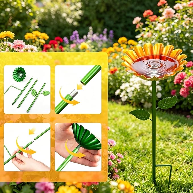 4 Pack Metal Flower Bee Bath for Garden, Bee Watering Station, Attract Butterflies & Pollinators, Colorful Outdoor Garden Stakes for Yard, Patio (4 Colors)