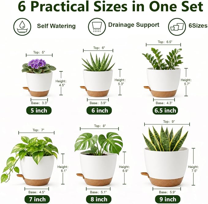 Plant Pots for Indoor 9/8/7/6.5/6/5 Inch, Self Watering Planter Pots with Drainage Holes and Saucers, 6Pcs Plastic Flower Pots for Indoor & Outdoor Plants（White）
