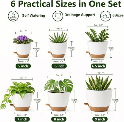 Plant Pots for Indoor 9/8/7/6.5/6/5 Inch, Self Watering Planter Pots with Drainage Holes and Saucers, 6Pcs Plastic Flower Pots for Indoor & Outdoor Plants（White）