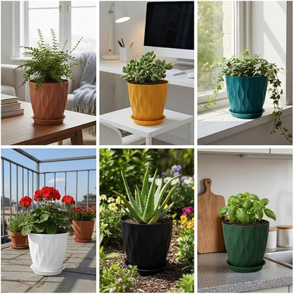Plant Pots 8 Inch, 6 Pack Plastic Flower Pots for Indoor & Outdoor Plants, Planters with Drainage Holes and Saucer, Garden Pot for Plants (Multicolor)