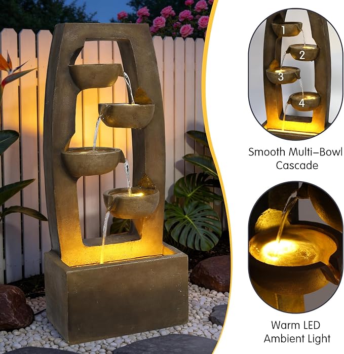 37.6" Outdoor Water Fountain, 4 Tier Bowl Cascading Freestanding Water Fountain, Modern Garden Water Feature with LED Lights, Suitable for Patio Yard Porch Landscape, Brown