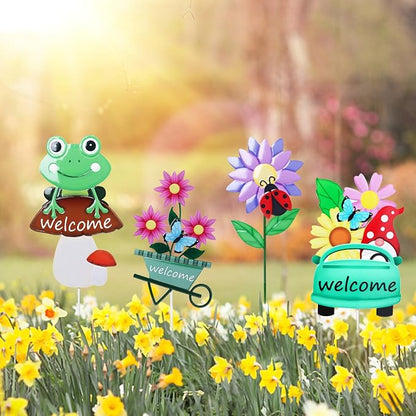 Welcome Decorative Garden Stakes, 4Pcs Flower Metal Yard Signs with Frog, Mushroom, Gnome, Butterfly and Ladybug, Garden Stakes for Spring Decor,Outdoor Lawn Yard Art Gift for Mom