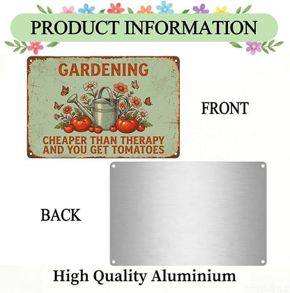 Funny Garden Metal Signs, Vintage Outdoor Wall Decor 12x8 Inch | Gardening Cheaper Than Therapy, Weatherproof Aluminum Sign for Patio Yard Greenhouse, Gift For Gardeners