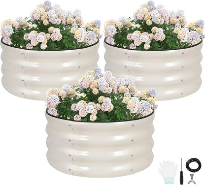G GOOD GAIN Round Raised Garden Bed - 3Pcs 2x2x1ft Galvanized Steel Planter Boxes Outdoor with Rubber Edge Trim | Metal Raised Beds for Gardening Vegetables Flowers Fruits Herbs (White)