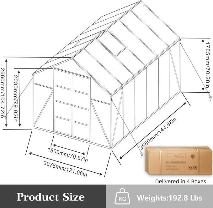 10x12 FT Greenhouse, Walk-in Heavy Duty Polycarbonate Outdoor Greenhouses with Raised Base & Anchor, Drainage System & Height-Enhanced Aluminum Frame for Backyard All Season Growing, Black