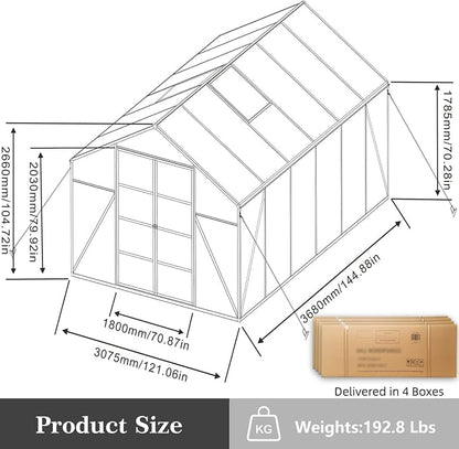 10x12 FT Greenhouse, Walk-in Heavy Duty Polycarbonate Outdoor Greenhouses with Raised Base & Anchor, Drainage System & Height-Enhanced Aluminum Frame for Backyard All Season Growing, Black