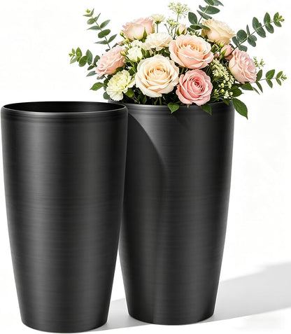Autodaya 22.8" Tall Black Brushed Resin Planters Set of 2 | High-Density Resin Pots with Drainage Hole For Patio, Garden, Porch, Living Room, Indoor or Outdoor Use, and Gifting