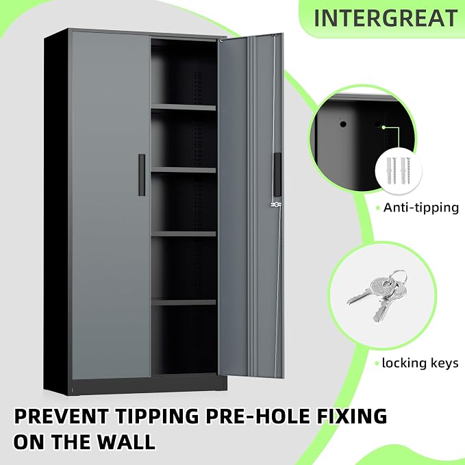 INTERGREAT Metal Storage Cabinet, 72" Locking Steel Cabinets with 2 Door and 4 Adjustable Shelves, Tall Metal Cabinet for Home Office, Garage, Warehouse,(Black+Grey)