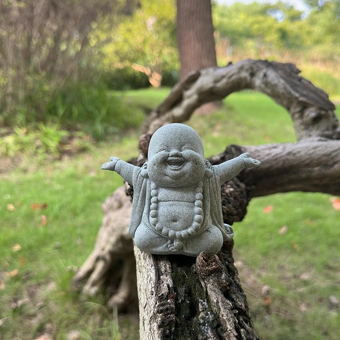 Mini Zen Laughing Buddha Statue, Tiny Sandstone Figurine for Garden Shelf | Mini monk figurine with contagious smiling face. Perfect for fish tank, desk ,or home decor. Brings joy and uplifts any space