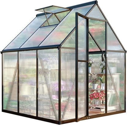 6x6FT Greenhouse for Outdoors, Polycarbonate Greenhouse with Quick Setup Structure and Roof Vent, Aluminum Large Walk-in Green House for Outside Garden Backyard, Charcoal Black