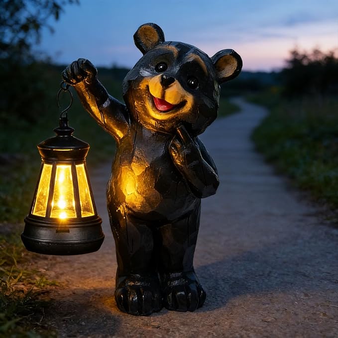 Garden Statues Bear Solar Figurine Lanterns Outdoor Waterproof Lights, Yard Decorations, Garden Decor Unique Birthday Housewarming Gifts for Mom, Resin Material, Hand-Painted