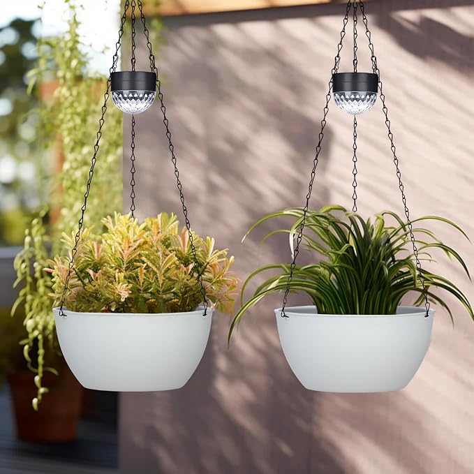 BAYN 2 Packs Solar Hanging Basket Planters for Plants Outdoor | Self Watering, White Flower Pots with Solar Light , Hanging Planters with Drainer for Balcony Patio Garden Decoration