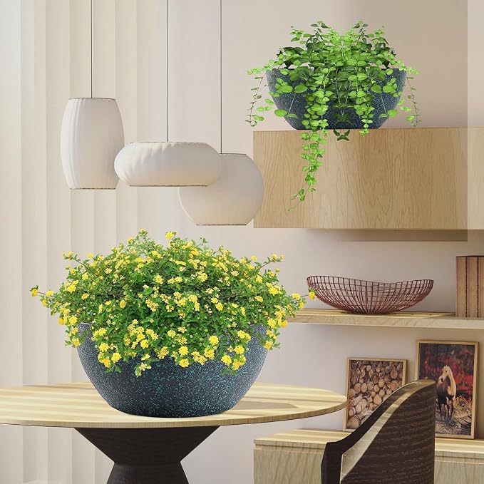 WSMKSZ 13inch Large Hanging Planters Pots for Outdoor Indoor Plants with Drainage Holes and Chain, 2pack Round Hanging Flower Pots for Garden Home Porch Decor, Black with Green Speckles