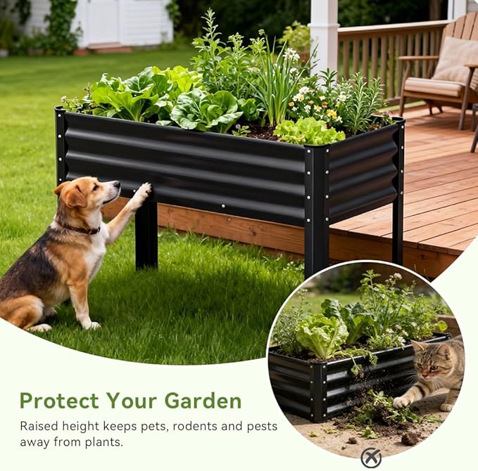 COMHOMA Raised Garden Bed with Legs 4x2x2.5ft,Large Elevated Galvanized Metal Planter Box with Drainage Holes,Outdoor Growing Kit with Gloves Tools for Backyard Patio Lawn,Black