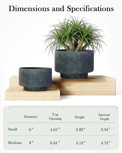 Succulent Pots, 8 Inch + 6 Inch Plant Pots for Plants with Drainage Hole, Indoor Outdoor Ceramic Planter, Set of 2 Round Flower Pots for Succulent and Plants, Black