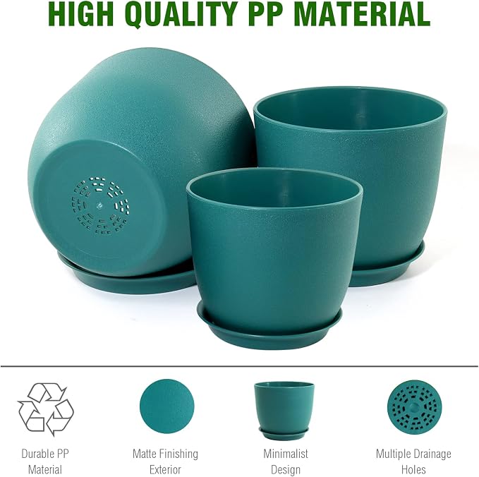 WSMKSZ Large Flower Pots 12/10/9 inch, Set of 3 Modern Decorative Plastic Planters with Drainage Holes and Saucers for House Plants, Plant Pots for Indoor Outdoor Plants, Blue Green