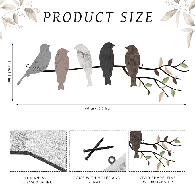 Ferraycle Metal Bird Wall Art - Birds on Branch with Leaves - Metal Sculpture Wall Hanging Sign for Balcony, Garden, Home Decor(Dark Colors)