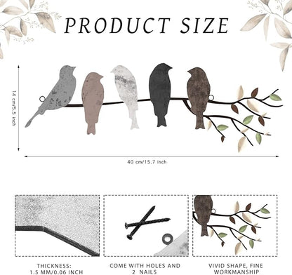 Ferraycle Metal Bird Wall Art - Birds on Branch with Leaves - Metal Sculpture Wall Hanging Sign for Balcony, Garden, Home Decor(Dark Colors)