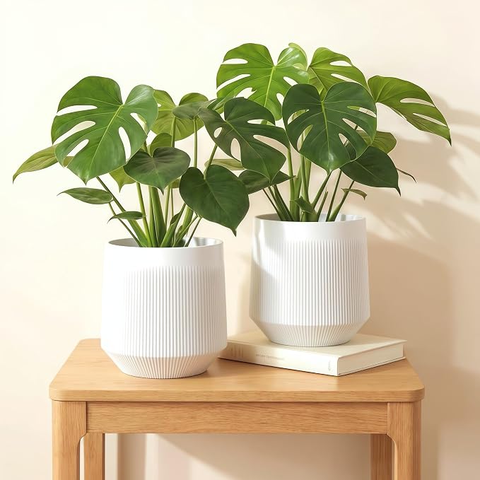 Plant Pots，Set of 2 Plastic Large Pots for Indoor Plants,Flower Pots Outdoor Planters with Drainage Hole and Seamless Saucer,(White 12Inches)