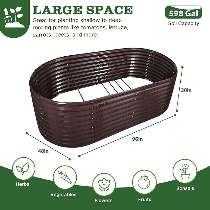 A ANLEOLIFE 30" Extra Tall Galvanized Raised Garden Beds Outdoor, 8x4x2.5ft Oval Metal Planter Boxes for Planting Vegetables, Flowers, Fruits, Eco-Safe & Easy Setup, CaféBronze