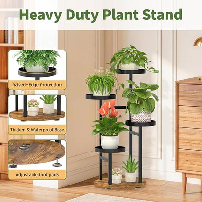 LASZOLA 4 Tier Metal Plant Stand for Indoor Corner, Heavy Duty Wooden Flower Holder Rack for Mutiple Plants, Planter Display Shelf for Patio Garden Balcony Living Room, Black