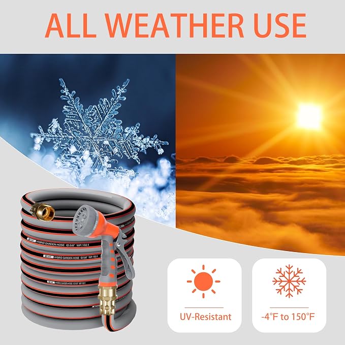 Garden Hose 10 ft 5/8,Heavy Duty Rubber Water Hose,Hybrid Durable Flexible Hose,Lightweight No Kink Hose for Outdoor Yard Lawn Condo Patio with Sprayer Nozzle and 3/4''Brass Solid Fittings