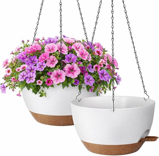 TYMENSH Hanging Plant Pots 12 Inch Set of 2, Self Watering Hanging Planters with Drainage Holes, Removable Saucer, Durable Plastic Flower Pots with Chains for Indoor Outdoor Plants, White