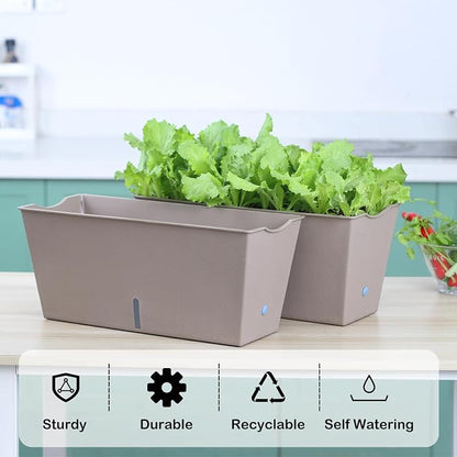 Window Box Planter 6 Pcs, 16.5 Inches Self Watering Rectangle Flower Plant Pots with Drainage Holes Trays, Vegetable Planters for Windowsill Patio Garden Balcony Porch Yard (Khaki)