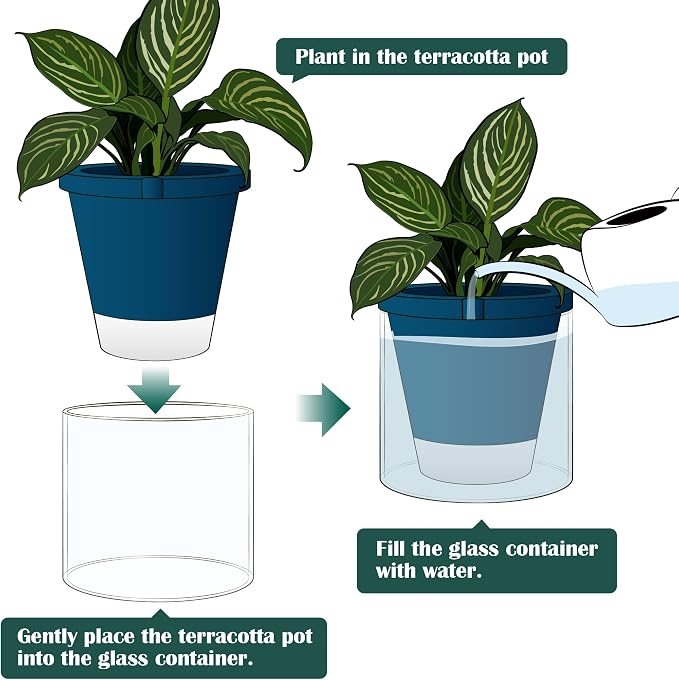 D'vine Dev 10 Inch Design Self Watering Planter for Indoor Plants, Blue Terracotta Pot with Cylinder Glass Cup, 37-X-D-4