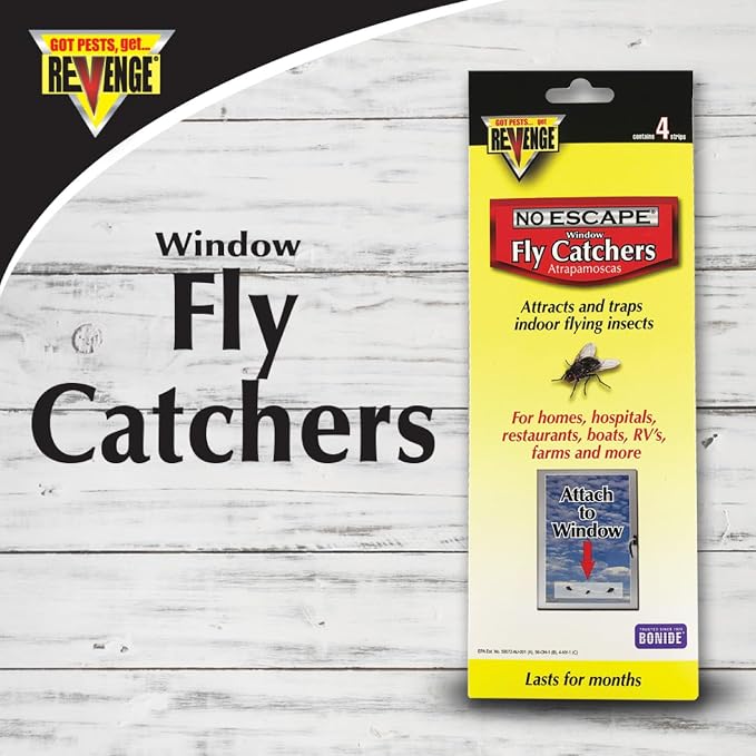 REVENGE No Escape Window Fly Catchers, Pack of 4 Non-Toxic Sticky Tape Strips for Indoor Use, Attract & Trap Insects